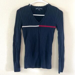 Tommy Hilfiger navy cable knit sweater with red and white stripes, size ex